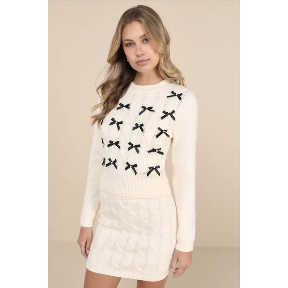 Lulus Bow Sweater Darling Sophistication White Cable Knit Crew Neck Women Medium - Picture 3 of 12